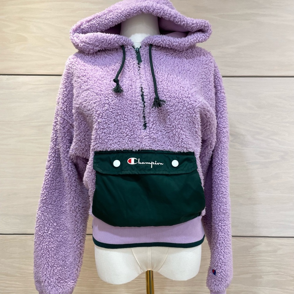 Champion Lavender Sherpa Hoodie with Forest Green Pocket